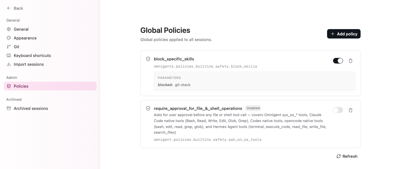 Admin policies settings page