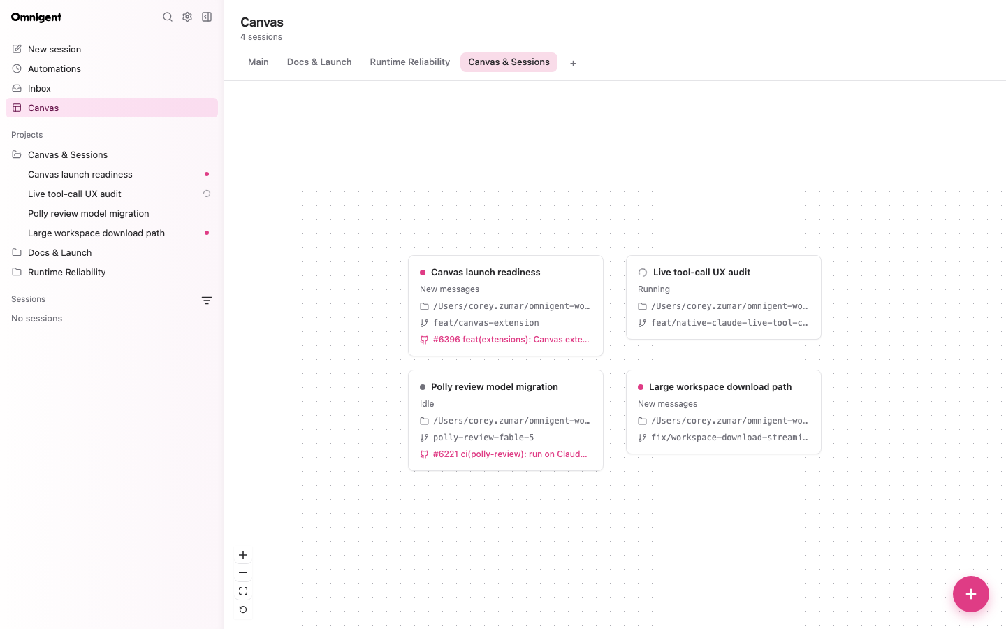 Canvas showing sessions arranged as cards within a project