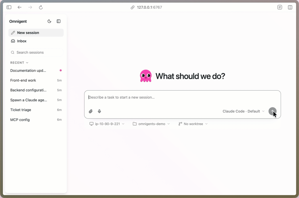 Omnigent web UI running a coding agent session