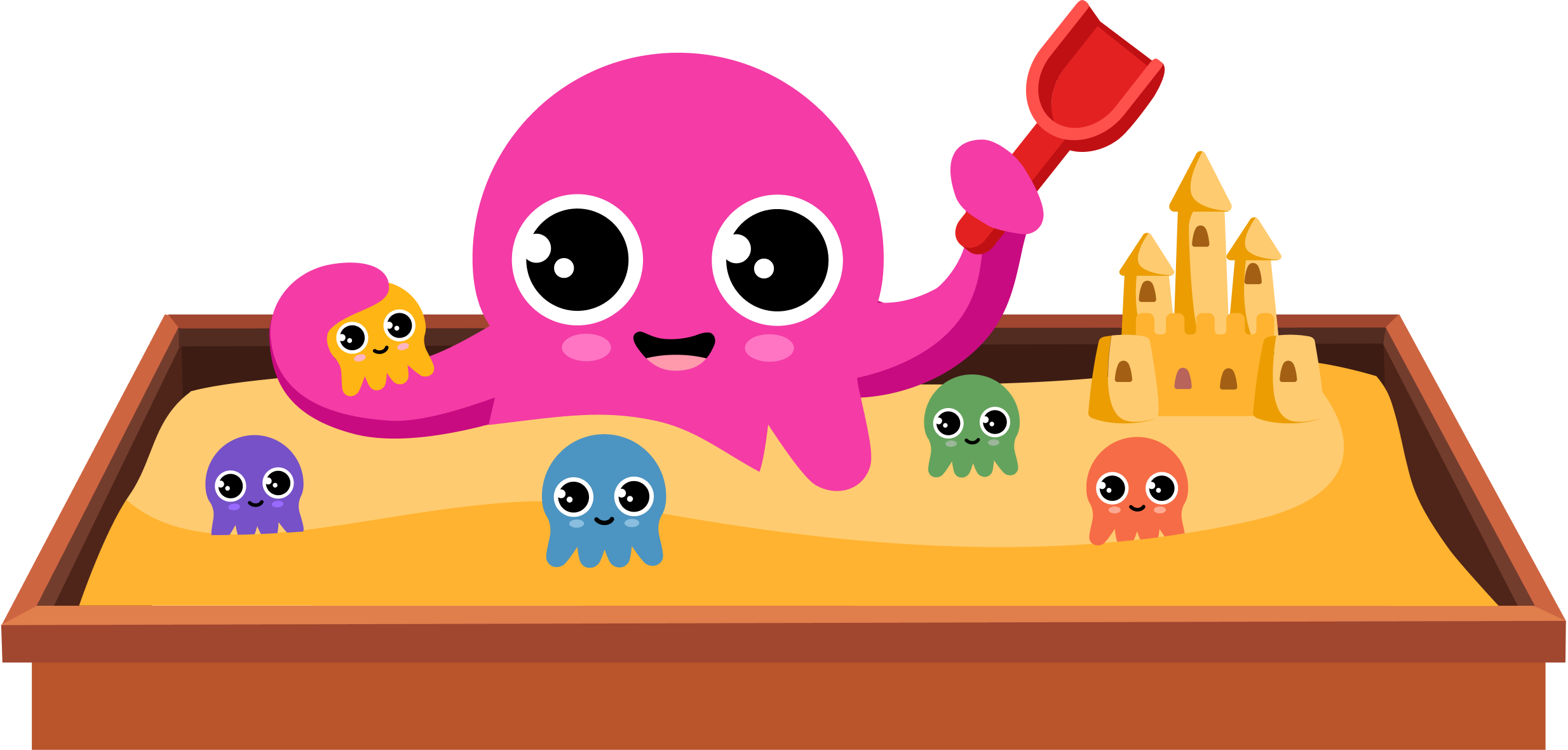 Omnigent's mascot supervising smaller agents playing in a sandbox, illustrating the OS-level sandbox that isolates every agent.